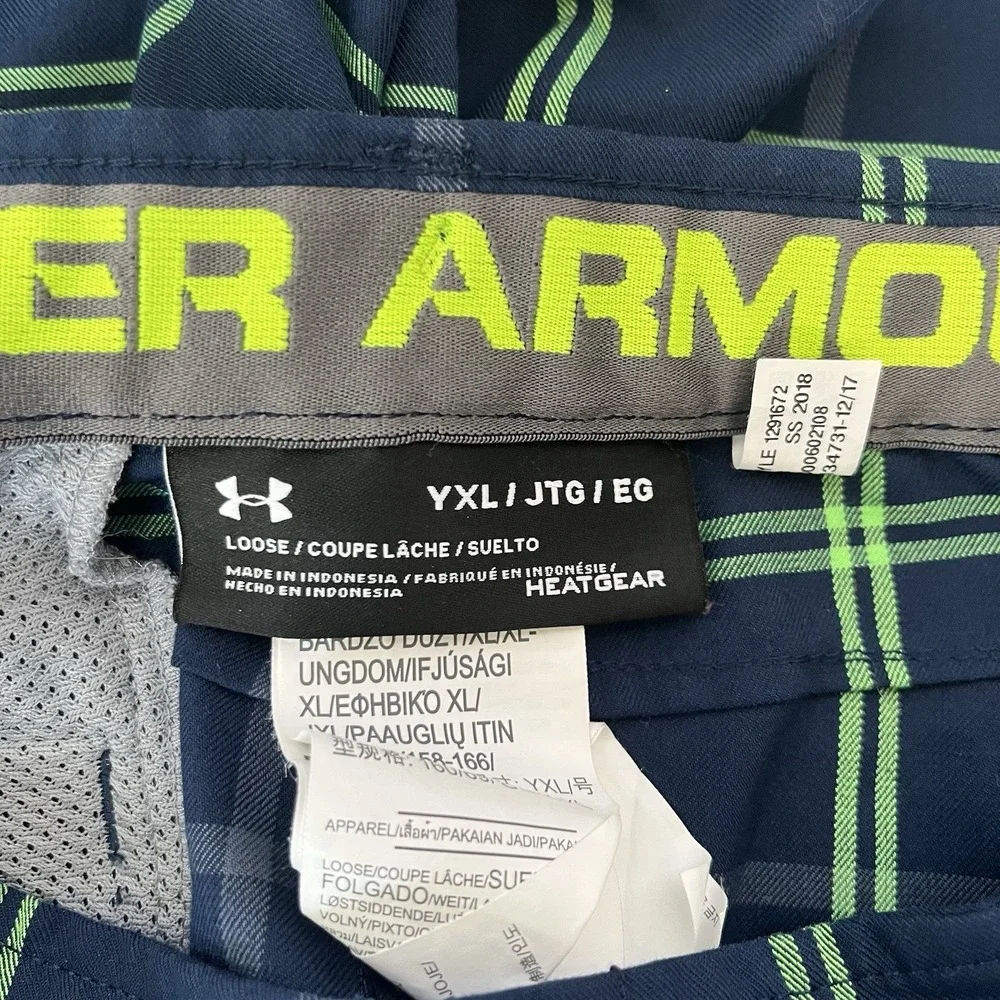 Under Armour Boys Navy Green Striped Loose Heat Gear Shorts Size YXL Waist 31